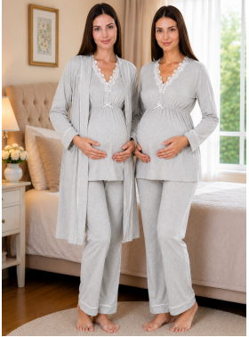Effortt 3054 Açık Gri  Sabahlıklı Lohusa Pijama Takımı